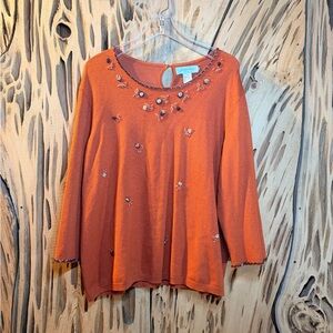 Y2K Judith Hart Silk Blend Top with embroidered & beaded flower detail. Size: 1X